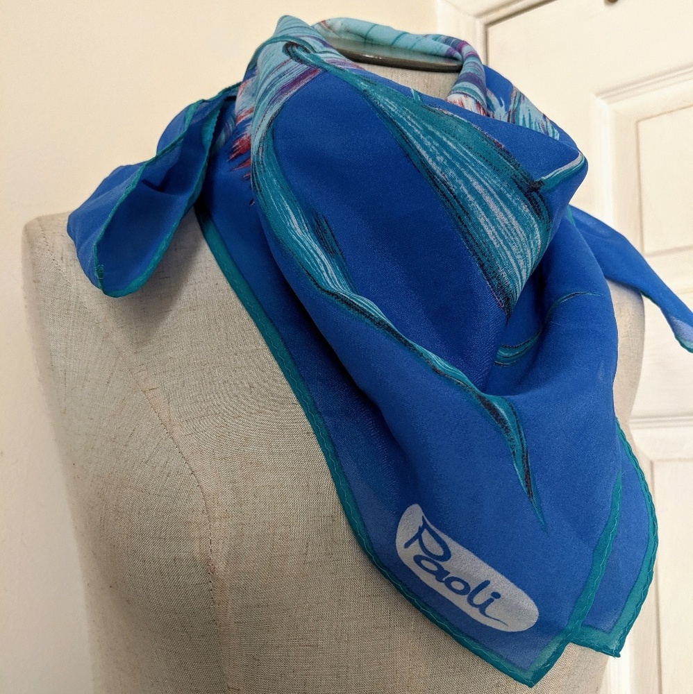 Paoli vintage 80's poly floral tropical blue scarf